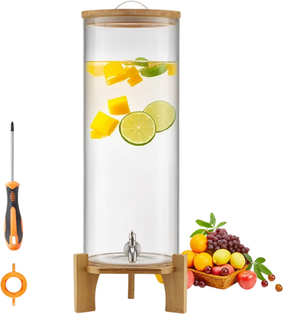 VEVOR Beverage Dispenser, 3.5 Gallon Drink Dispensers for Parties, Glass Juice Dispenser with Wood Stand, Stainless Steel Spigot, Iced Tea Lemonade Juice Water Dispensers for Parties