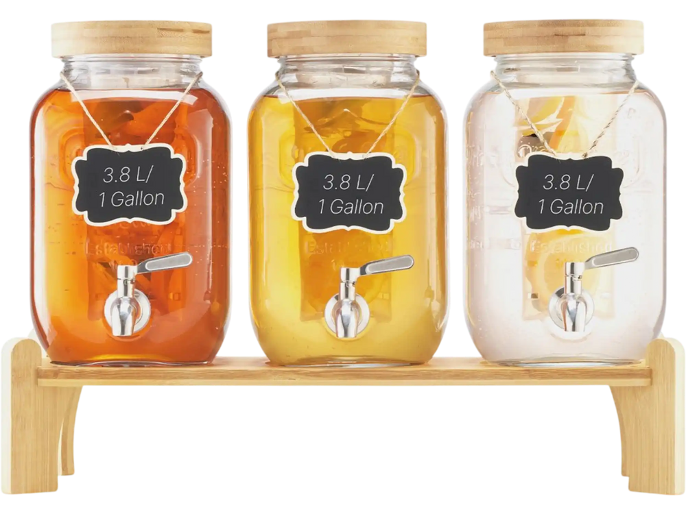 VEVOR Beverage Dispenser, 3 Pack 1 Gallon Drink Dispensers for Parties, Glass Juice Dispenser with Wood Stand, Stainless Steel Spigot, Infuser, Iced Tea Lemonade Juice Water Dispensers for Parties