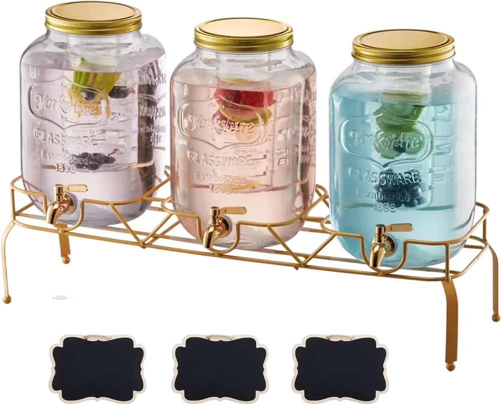 VEVOR Beverage Dispenser, 3 Pack 2 Gallon Drink Dispensers for Parties, Glass Juice Dispenser with Metal Stand, Stainless Steel Spigot, Infuser, Iced Tea Lemonade Juice Water Dispensers for Parties