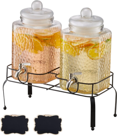 VEVOR Beverage Dispenser, 2 Pack 1.5 Gallon Drink Dispensers for Parties, Glass Juice Dispenser with Metal Stand, Stainless Steel Spigot, Iced Tea Lemonade Juice Water Dispensers for Parties