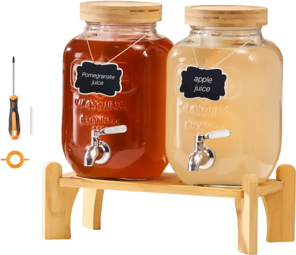 VEVOR Beverage Dispenser, 2 Pack 1 Gallon Drink Dispensers for Parties, Glass Juice Dispenser with Wood Stand, Stainless Steel Spigot, Infuser, Iced Tea Lemonade Juice Water Dispensers for Parties