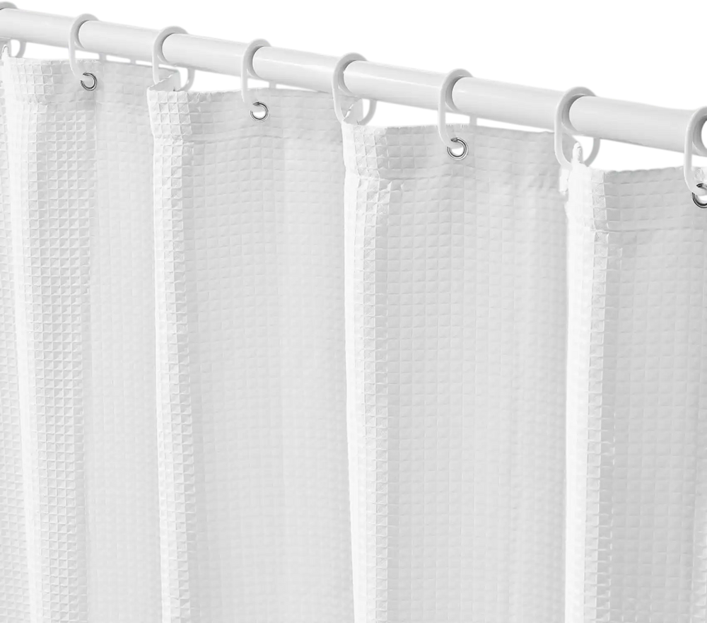 VEVOR White Fabric Shower Curtain, 240 GSM Weighted Waffle Shower Curtains, Polyester Curtain with Rust-Resistant Hooks, Machine Washable & Water Repellent, for Bathroom Showers, Bath Tubs, 72x72 in