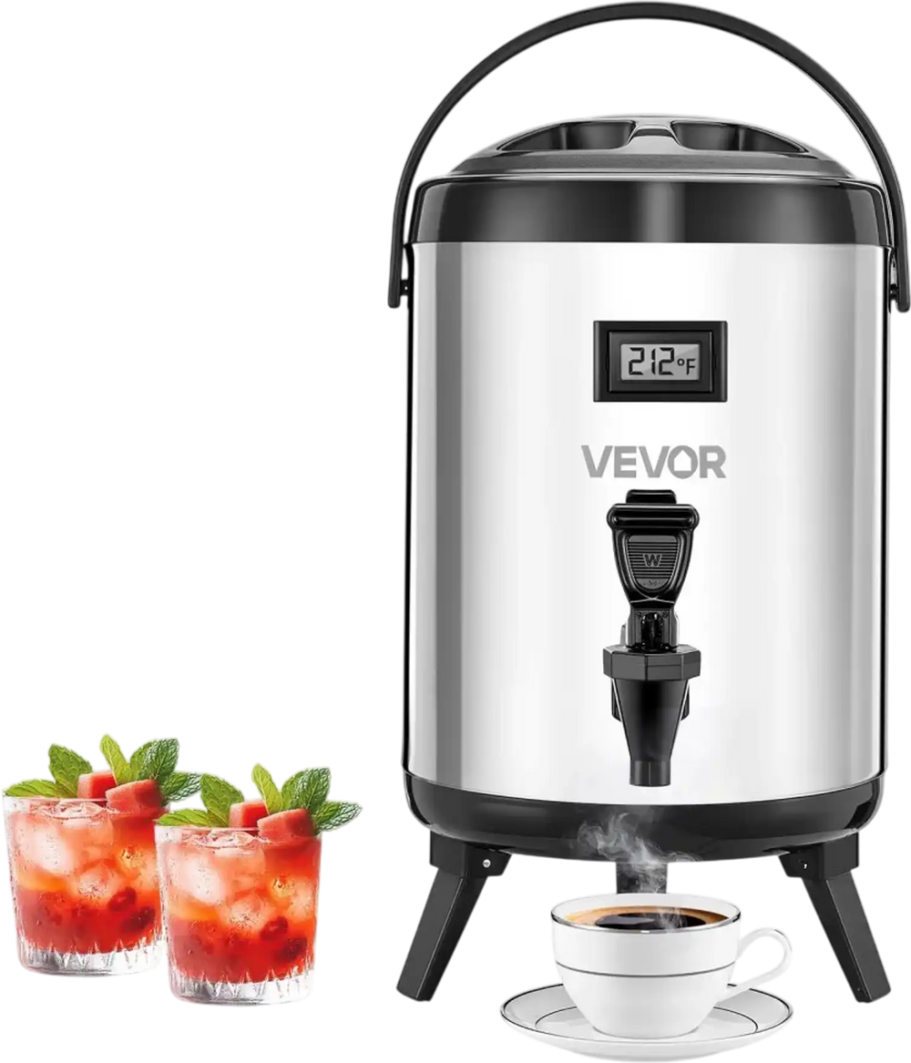 VEVOR Insulated Beverage Dispenser, 1.5 Gal/6L Stainless Steel Thermal Drink Server with Spigot & Temp Display, Suitable for Hot and Cold Drinks, for Tea Coffee Water in Cafes & Restaurants, Silver
