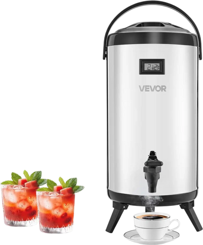 VEVOR Insulated Beverage Dispenser, 2.4 Gal/9.2L Stainless Steel Thermal Drink Server with Spigot & Temp Display, Suitable for Hot and Cold Drinks, for Tea Coffee Water in Cafes & Restaurants, Silver