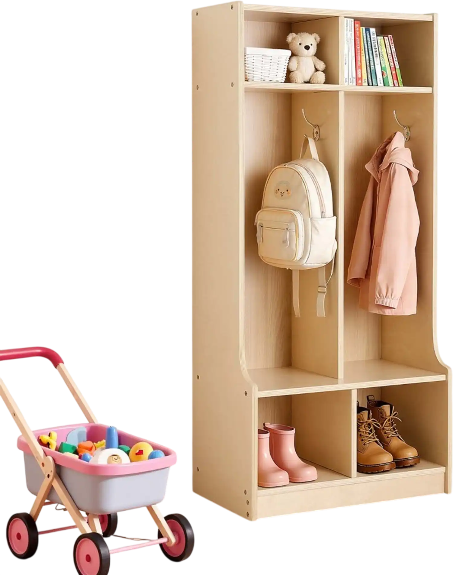 Vevor Kids Coat Locker 2-Section Wooden Cubby Organizer with 4 Hooks Natural New