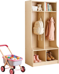 VEVOR 2-Section Kids Coat Locker, Wooden Toddler Cubby Storage Organizer with 4 Hooks & Anti-Tip Kit, Modern Kid Coat Cubbies with 4 Small Open Storage Boxes for Home, Kindergarten, Daycare, Natural