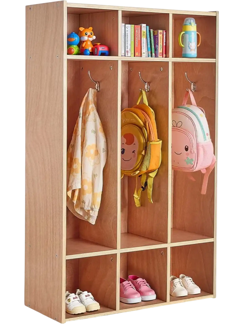 VEVOR 3-Section Kids Coat Locker, Wooden Toddler Cubby Storage Organizer with 6 Hooks & Non-Slip Mat, Modern Kid Coat Cubbies with 6 Small Open Storage Boxes for Home, Kindergarten, Daycare, Natural