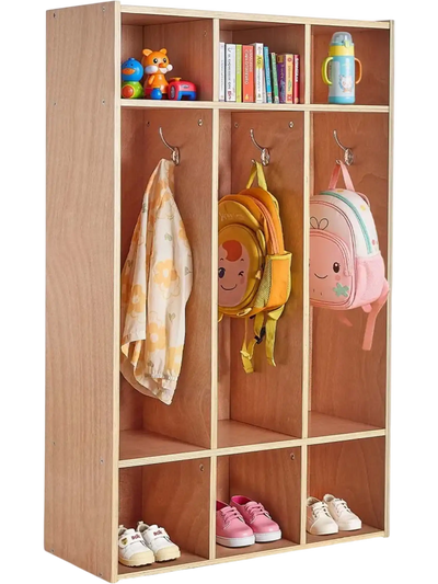 Vevor Coat Locker 3-Section Wooden Toddler Cubby Storage Organizer with 6 Hooks Natural New