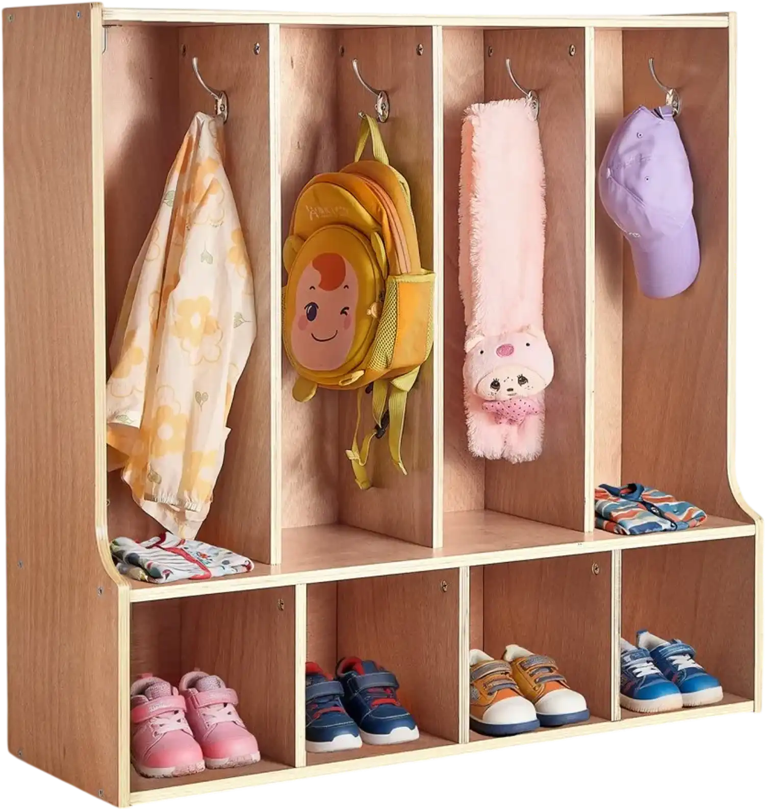 Vevor Kids Coat Locker 4-Section Wooden Cubby Storage Organizer with 8 Hooks Natural New