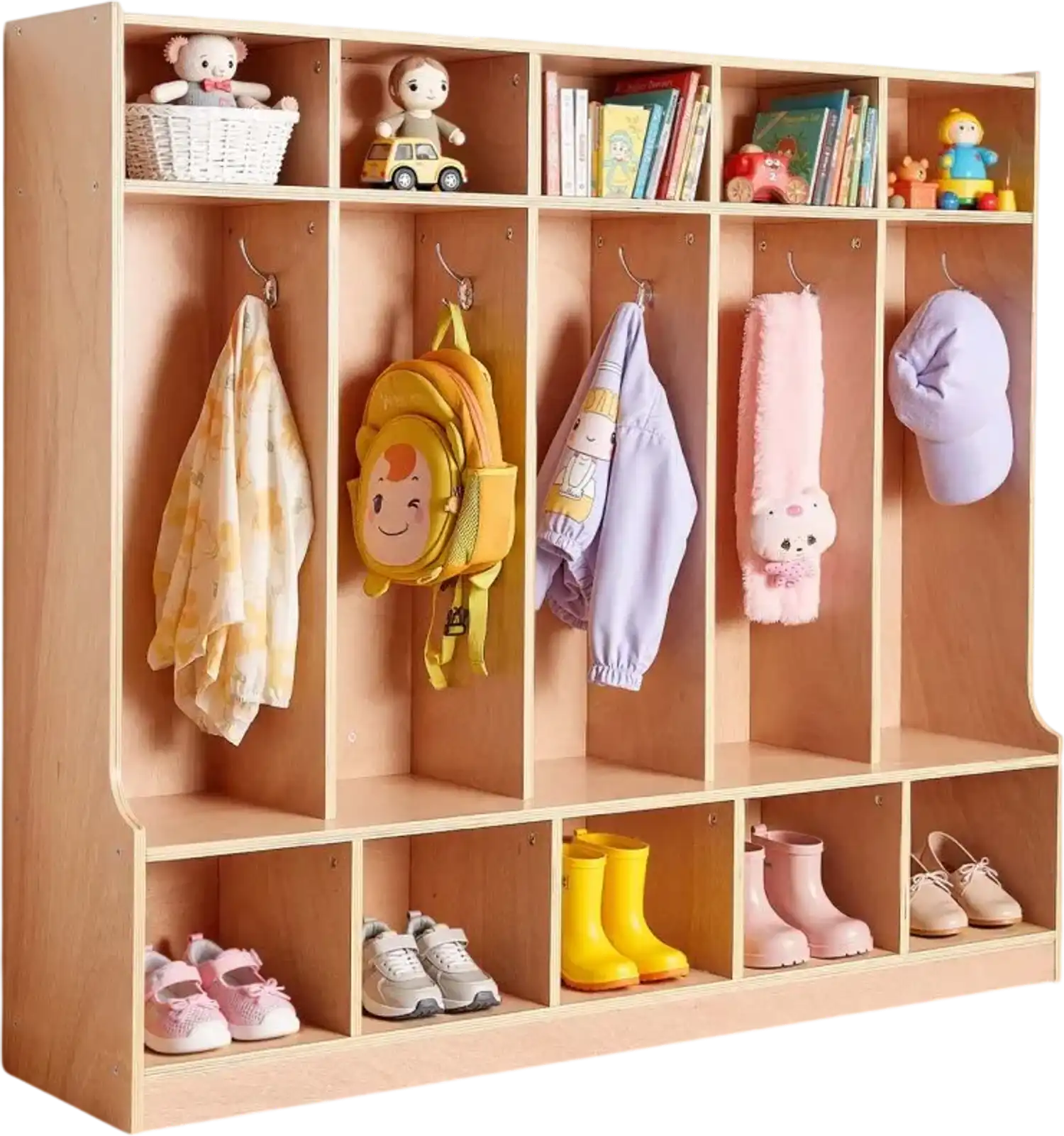 Vevor Kids Coat Locker 5-Section Wooden Cubby Storage Organizer with 10 Hooks Natural New