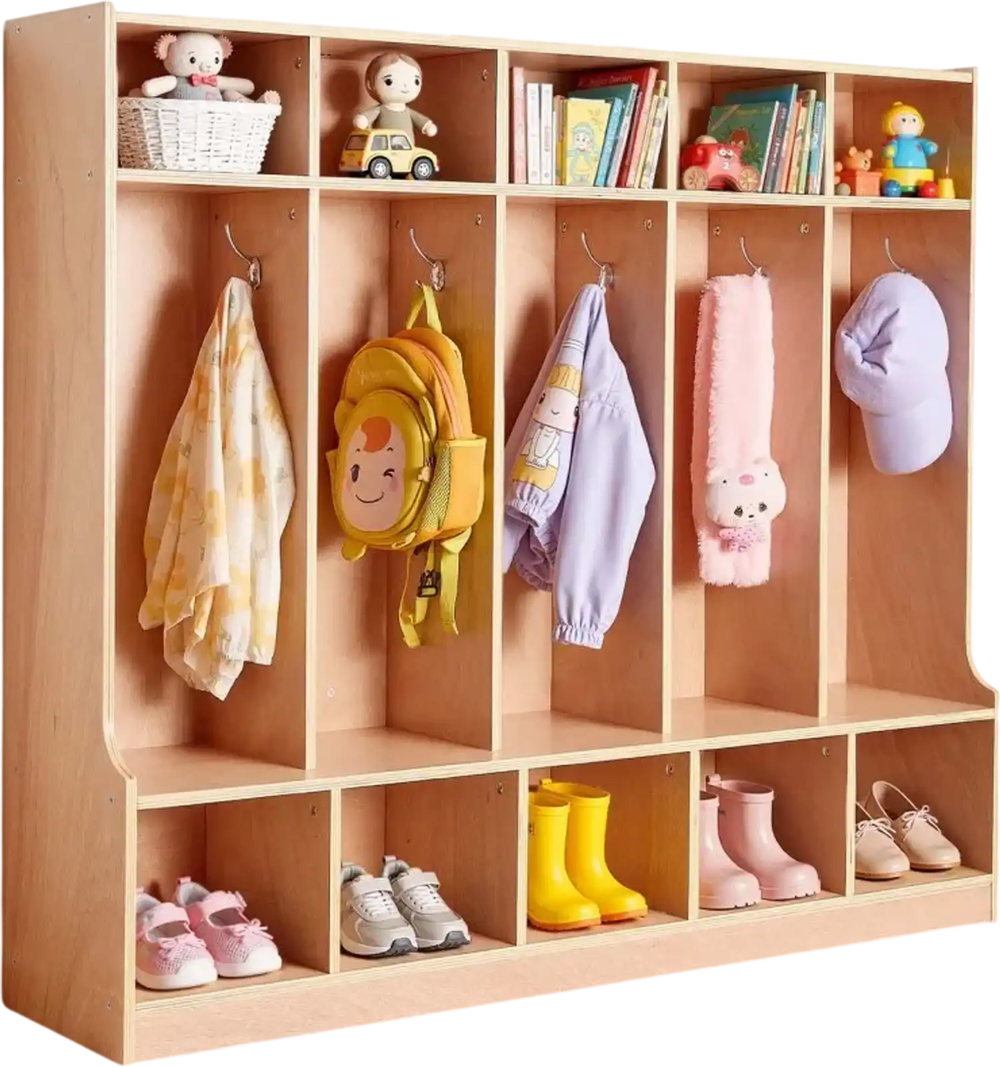 VEVOR 5-Section Kids Coat Locker, Wooden Toddler Cubby Storage Organizer with 10 Hooks & Non-Slip Mat, Modern Kid Coat Cubbies with 10 Small Open Storage Boxes for Home, Kindergarten, Daycare, Natural