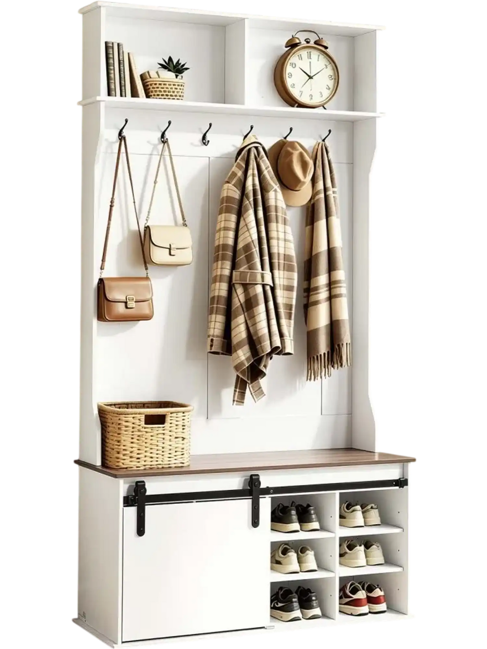 VEVOR Hall Tree with Bench and Shoe Storage, 42" Wide, Entryway Hall Tree with Bench, Hanging Hooks, Storage Shelves, Adjustable Shoe Shelves, Wooden Furniture for Mudroom, Entryway, Hallway, White