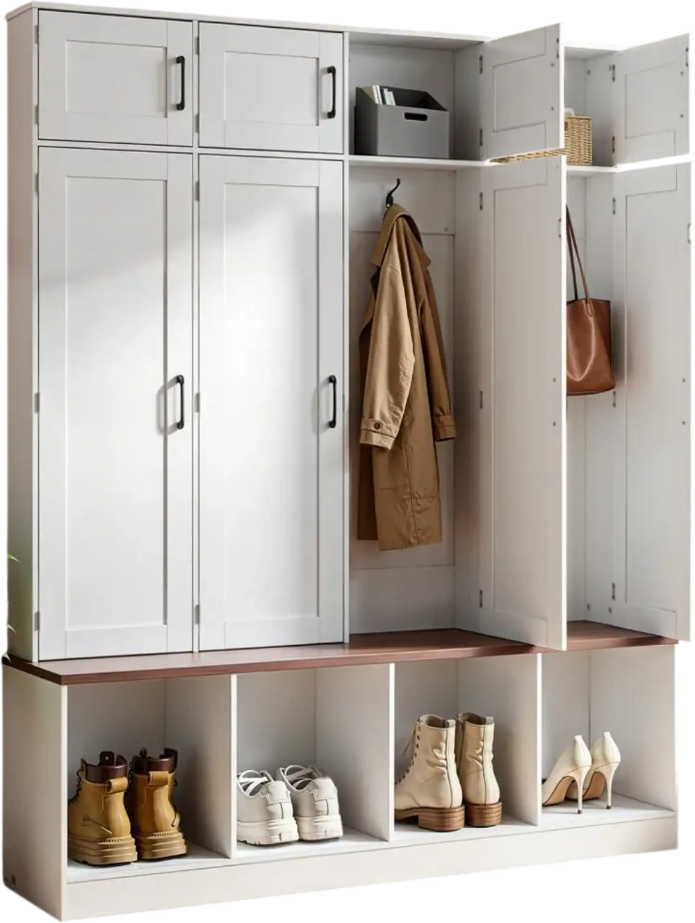 VEVOR Hall Tree with Bench and Shoe Storage, 59" Wide, 4-in-1 Entryway Hall Tree with Bench, Hanging Hooks, Storage Cabinet, and Shoe Cabinet, Wooden Furniture for Mudroom, Entryway, Hallway, White