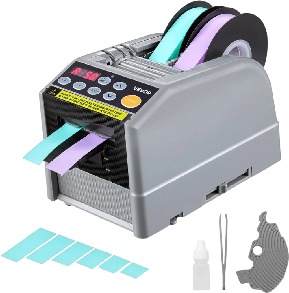 VEVOR Automatic Tape Dispenser 999mm Max Cut Length Electric Ribbon Cutter, 110V Electric Automatic Tape Cutter, Dual-Tape Capability, Fits 6–60mm Width Tape for Shipping, Packaging & Gift Wrapping