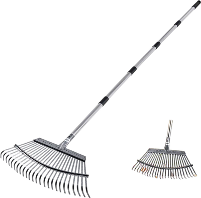 VEVOR Leaf Rake, 25 Metal Tines, Adjustable Garden Rake for Lawns with 18.3 Inch Wide Head & 36.4-72.8 Inch Long Handle, Heavy Duty Stainless Steel Small Leaves Tool for Gardening Camping Yard Grass