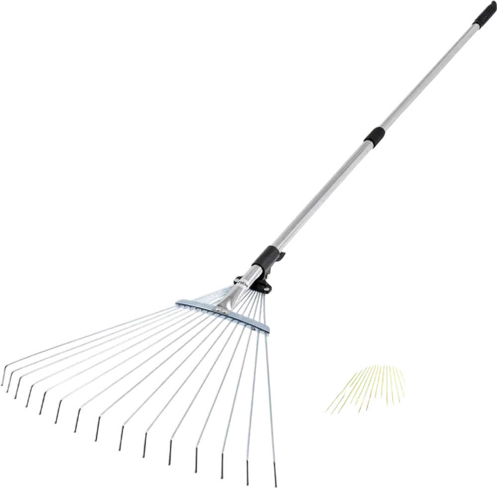 VEVOR Leaf Rake, 15 Metal Tines, Adjustable Garden Rake for Lawns with 7.5-22.4 Inch Wide Head & 32-63 Inch Long Handle, Heavy Duty Stainless Steel Small Leaves Tool for Gardening Camping Yard Grass
