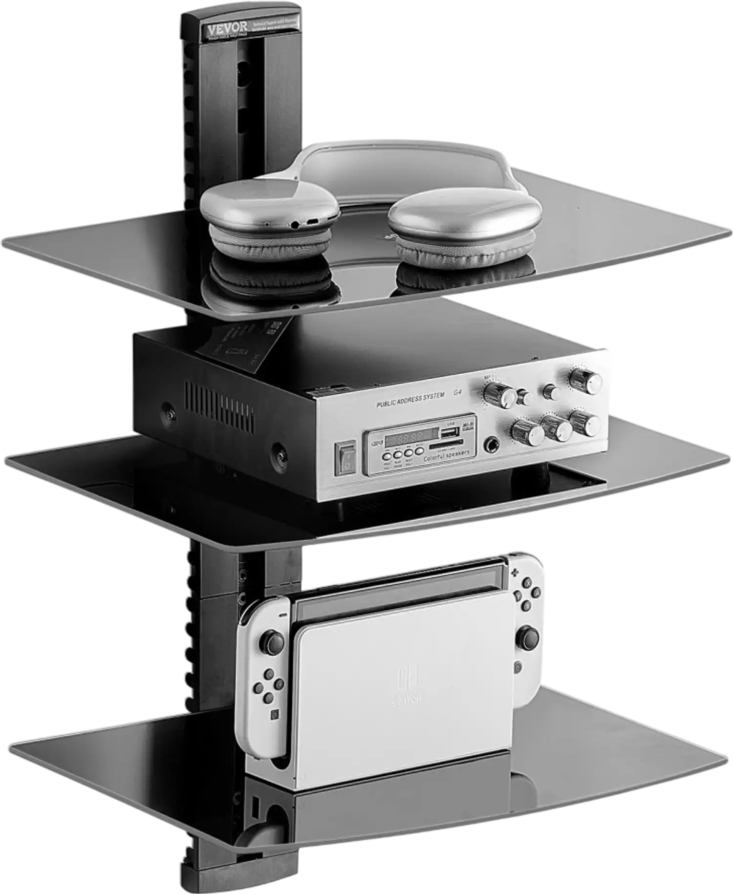Vevor Wall-Mounted 3-Tier AV Media Stand Floating Glass Shelf New