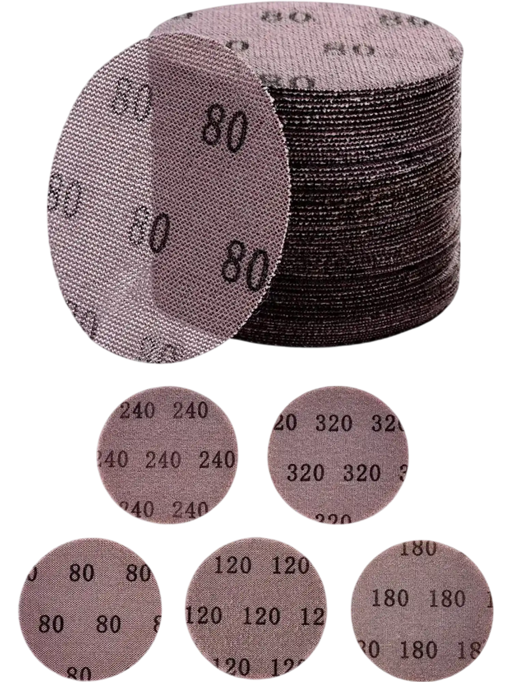 VEVOR 5-inch Mesh Abrasive Sanding Discs 50PCS, Grit 80/120/180/240/320 Assorted Anti-Clogging Ceramic Mesh Sandpapers, Hook-and-Loop Sanding Discs for Metal Wood Plaster, Car Body, Paint Removal