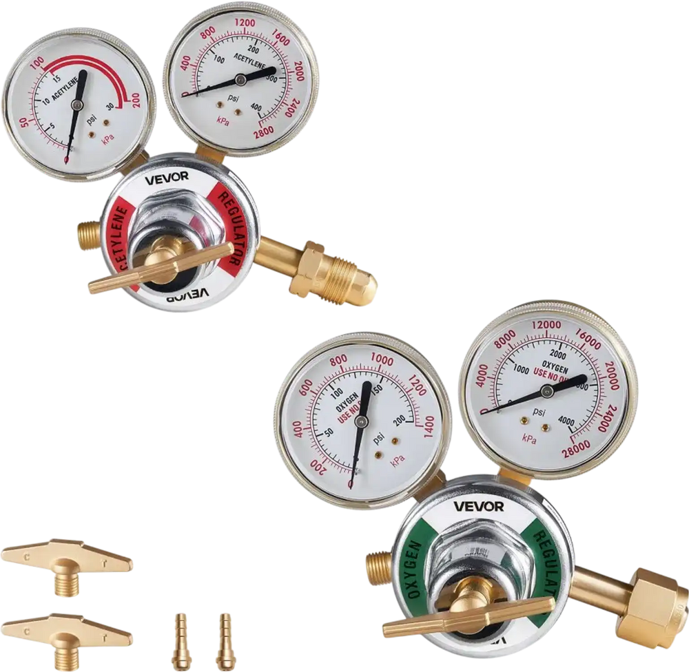 VEVOR Oxygen Acetylene Regulator Set, Oxy-Acetylene Regulators, 0-4000PSI and 0-400PSI Welding Gas Gauges with CGA-540/CGA-510 Inlet Connection & 9/16"-18 Outlet Connection, T-Handle Adjustment