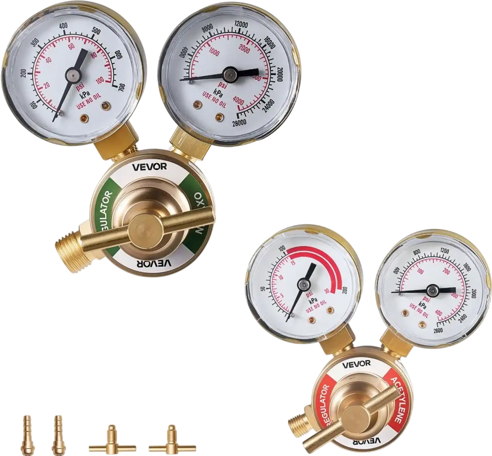 VEVOR Oxygen Acetylene Regulator Set, Oxy-Acetylene Regulators, 0-4000PSI and 0-400PSI Welding Gas Gauges with CGA-540/CGA-200 Inlet Connection & 3/8"-24 Outlet Connection, T-Handle Adjustment