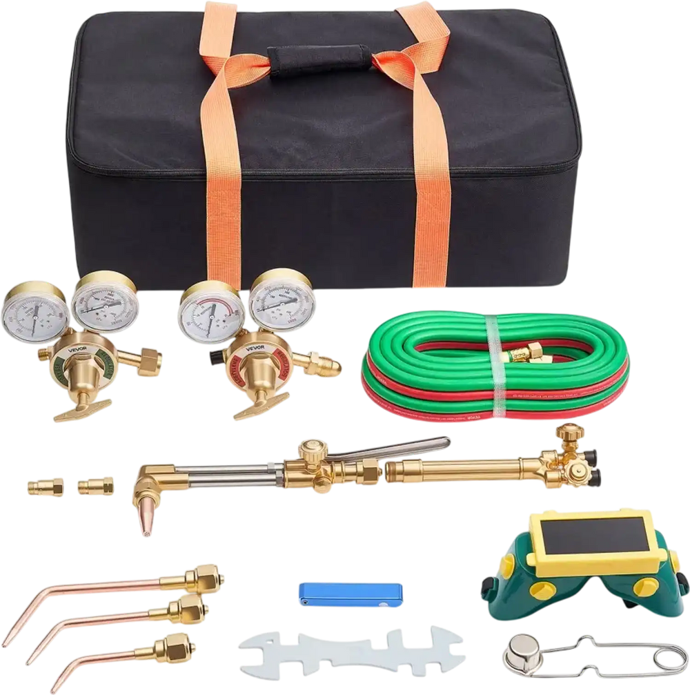 VEVOR Oxygen Acetylene Torch Kit with Check Valves, Gas Welding Cutting Torch Kit, Heavy Duty Oxy Acetylene Brazing Set with 15FT Twin-Hose, 1 Cutting Tip, 3 Welding Tips, 2 Gas Regulators & Tool Bag