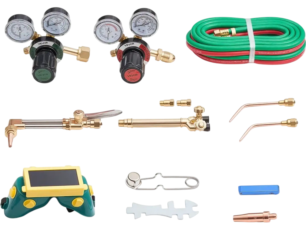VEVOR Oxygen Acetylene Torch Kit with Check Valves, Gas Welding Cutting Torch Kit, Professional Oxy Acetylene Brazing Set with 15FT Twin-Hose, 2 Cutting Tips, 2 Welding Tips & 2 Precise Regulators