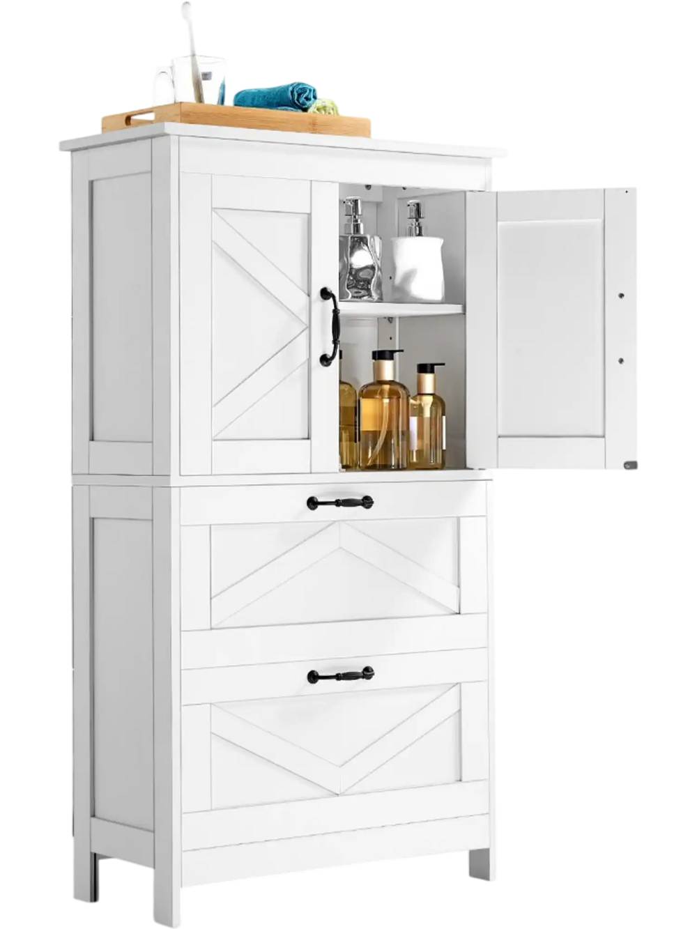 VEVOR Bathroom Floor Cabinet, 4-Tier, Wooden Storage Organizer with 2 Doors, 2 Drawers and Adjustable Shelf, Modern Home Furniture Freestanding Cupboard for Kitchen/Living Room/Entryway Use, White
