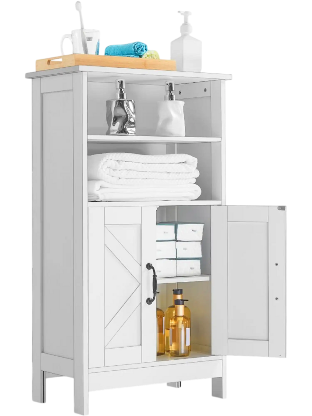 VEVOR Bathroom Floor Cabinet, 4-Tier, Wooden Storage Organizer with 2 Doors and Adjustable Shelf, Modern Bathroom Furniture Home Decor Freestanding Cupboard for Kitchen/Living Room/Entryway Use, White