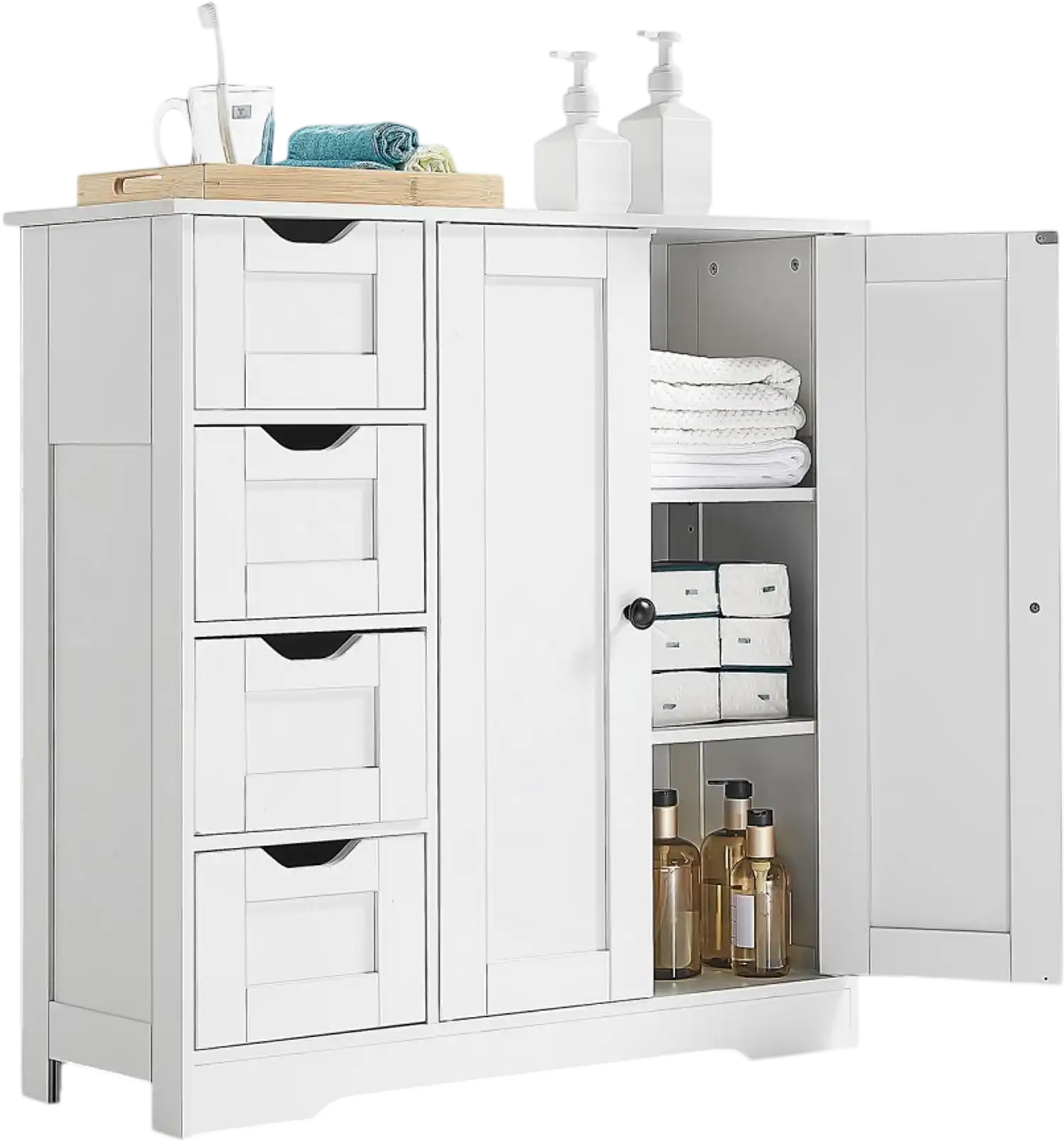 Vevor Bathroom Floor Cabinet 3-Tier Wooden Storage Organizer with 2 Doors, 4 Drawers & Adjustable Shelf White New