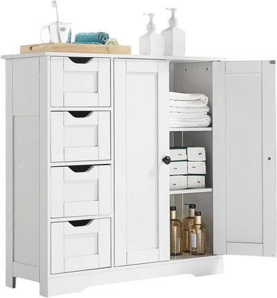 VEVOR Bathroom Floor Cabinet, 3-Tier, Wooden Storage Organizer with 2 Doors, 4 Drawers and Adjustable Shelf, Modern Home Furniture Freestanding Cupboard for Kitchen/Living Room/Entryway Use, White