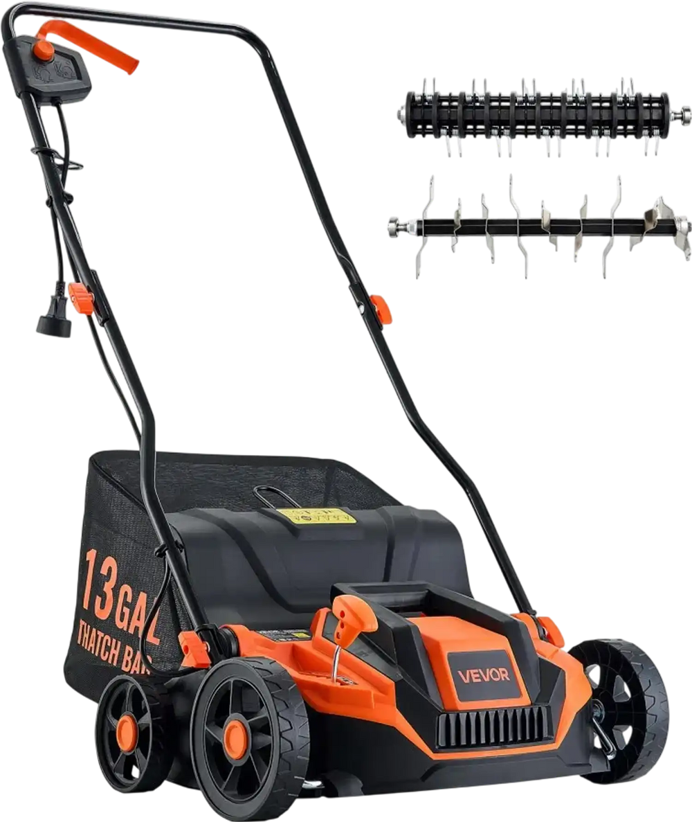 VEVOR 2-in-1 Electric Dethatcher and Scarifier, 13-Inch 13 Amp, Corded Lawn Dethatcher with 13-Gallon Thatch Collection Bag, 5-Position Depth Adjustment, Walk Behind Machine for Garden Yard Grass