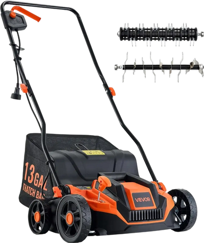 VEVOR 2-in-1 Electric Dethatcher and Scarifier, 13-Inch 13 Amp, Corded Lawn Dethatcher with 13-Gallon Thatch Collection Bag, 5-Position Depth Adjustment, Walk Behind Machine for Garden Yard Grass