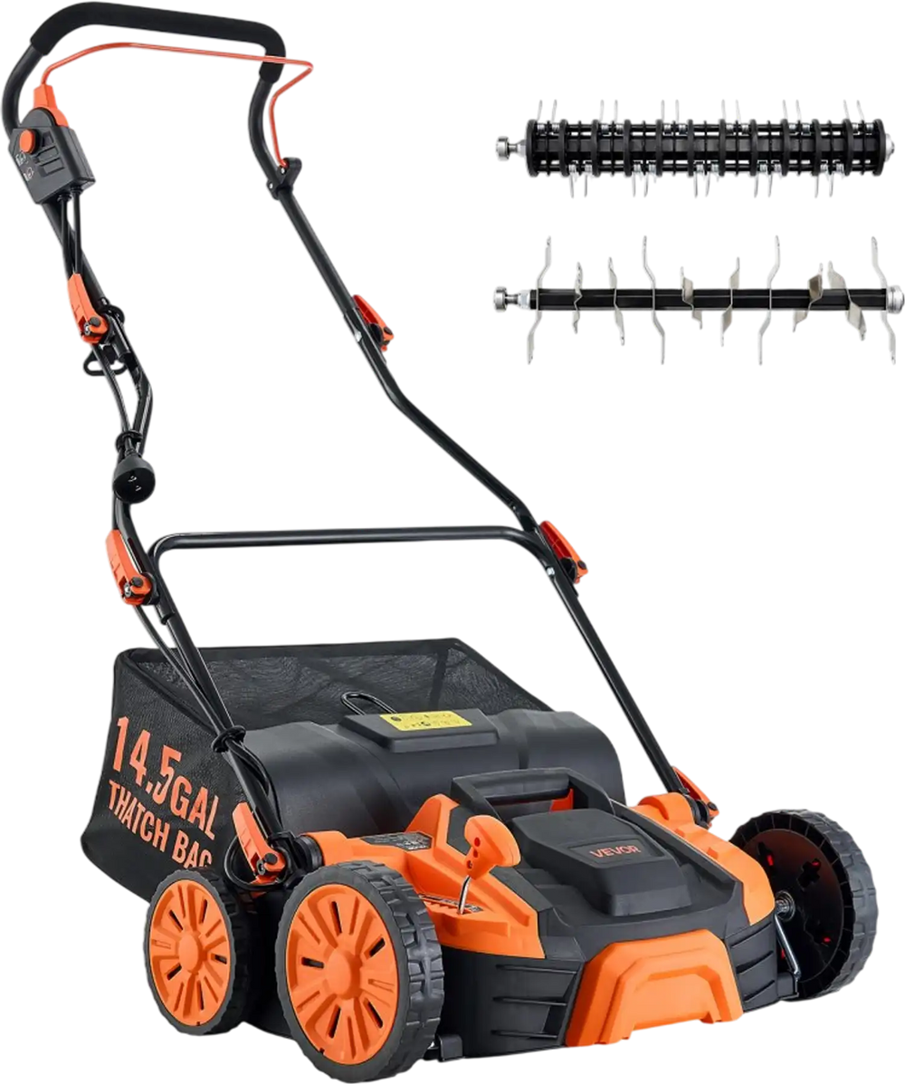 VEVOR 2-in-1 Electric Dethatcher and Scarifier, 16-Inch 15 Amp, Corded Lawn Dethatcher with 14.5-Gallon Thatch Collection Bag, 5-Position Depth Adjustment, Walk Behind Machine for Garden Yard Grass