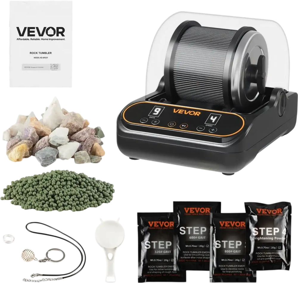 VEVOR Rock Tumbler, 1 lb Rock Polishing Machine, Rocks Tumbling Kit with 4-Speed Adjustment, 1–9 Day Timer, PC Sound Reduction Cover & TPU Drum, Direct Drive Motor Rocks Polishing, Quiet Operation