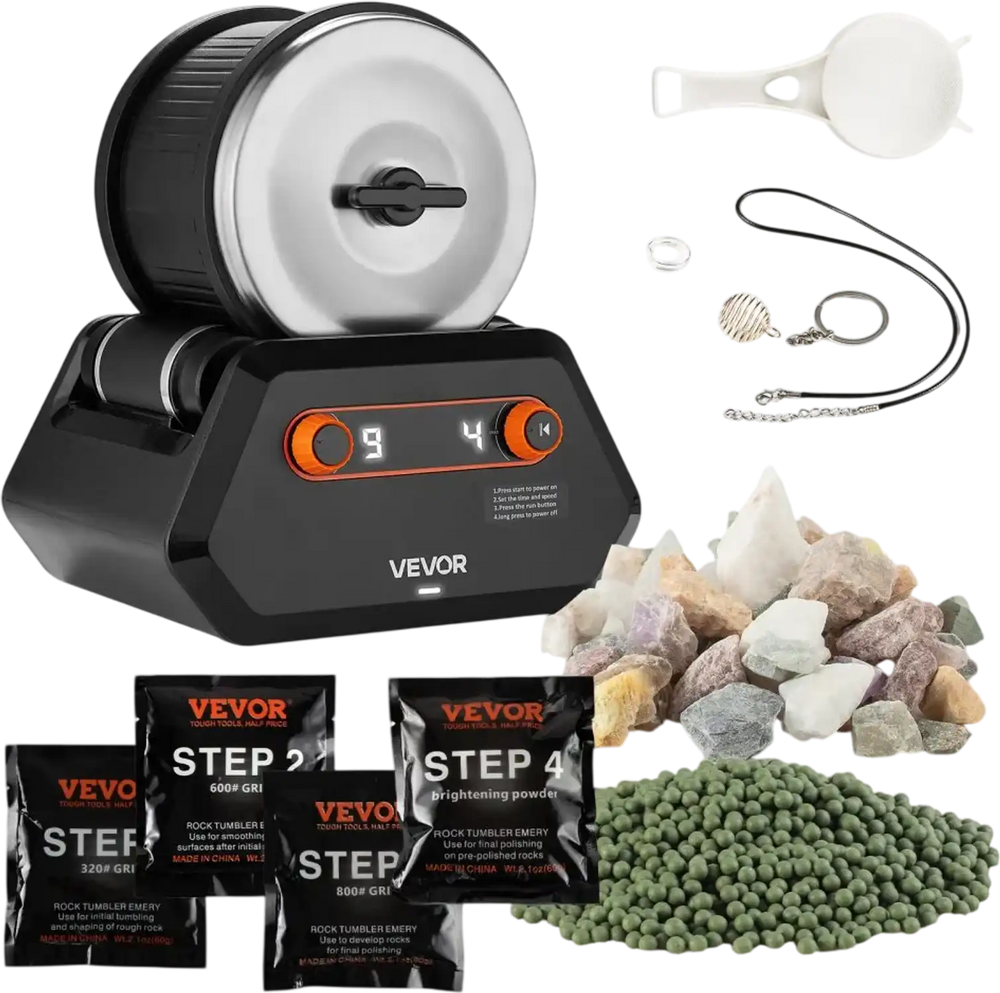 VEVOR Rock Tumbler Kit, 3 lbs Rock Polishing Kit, 4 Speed Settings 9-Day Polishing Timer Stone Polishing Kit, Rock Polisher with Rough Gemstones and Polishing Grits, Rock Polisher for Adults Kids