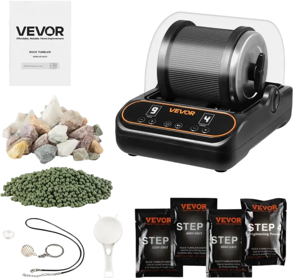 VEVOR Rock Tumbler, 2 lb Rock Polishing Machine, Rocks Tumbling Kit with 4-Speed Adjustment, 1–9 Day Timer, PC Sound Reduction Cover & TPU Drum, Direct Drive Motor Rocks Polishing, Quiet Operation