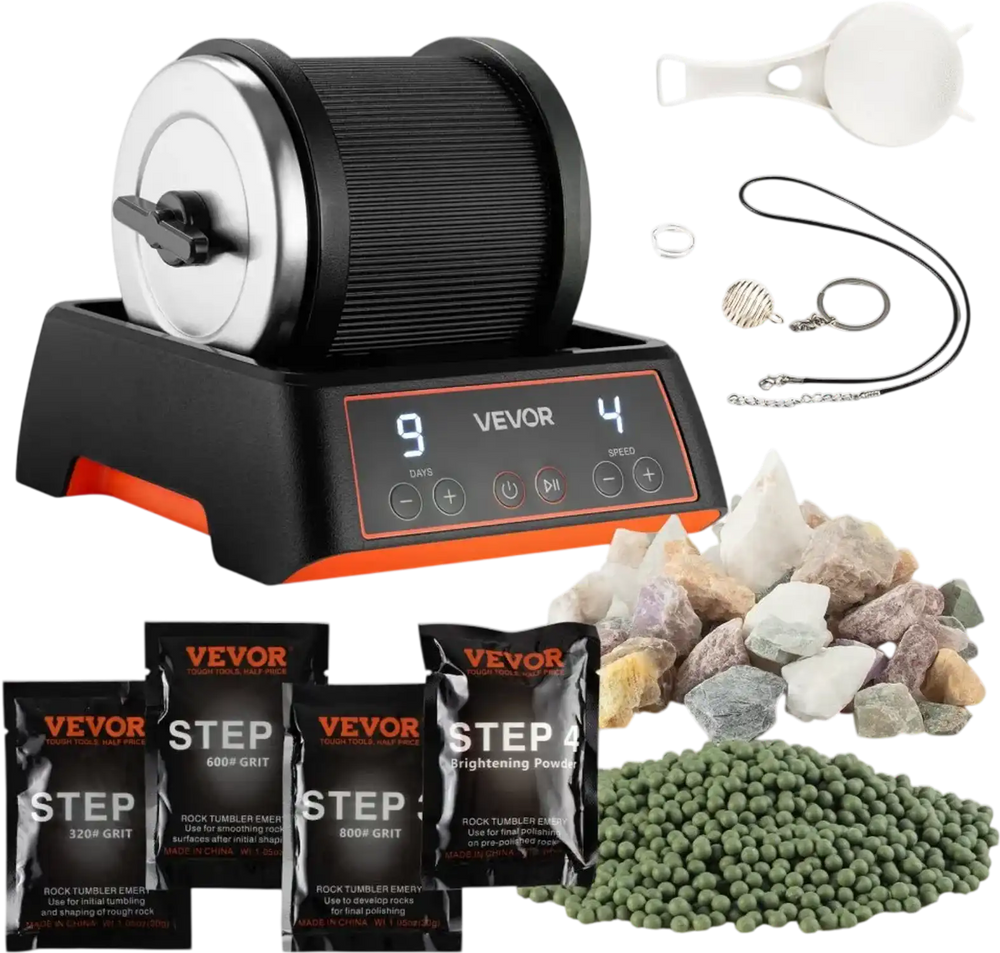 VEVOR Rock Tumbler Kit, 2 lbs Rock Polishing Kit, 4 Speed Settings 9-Day Polishing Timer Stone Polishing Kit, Rock Polisher with Rough Gemstones and Polishing Grits, Rock Polisher for Adults Kids
