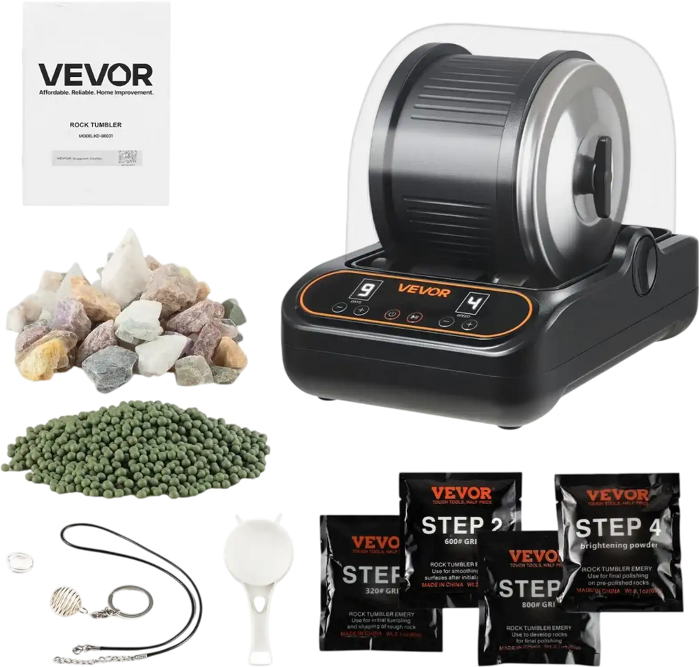 VEVOR Rock Tumbler, 3 lb Rock Polishing Machine, Rocks Tumbling Kit with 4-Speed Adjustment, 1–9 Day Timer, PC Sound Reduction Cover & TPU Drum, Direct Drive Motor Rocks Polishing, Quiet Operation