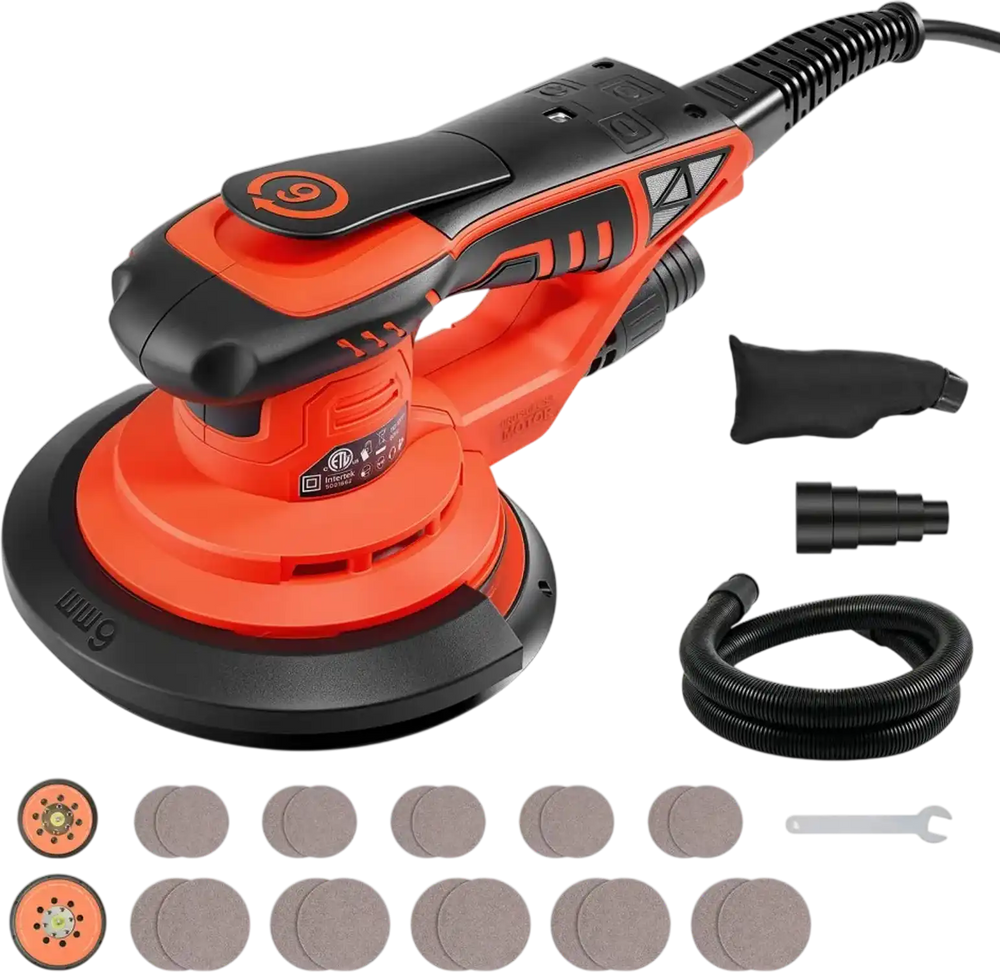 VEVOR 5 & 6-Inch Random Orbital Sander 400W Brushless Orbital Sander, 4000-10000RPM 7 Speeds Electric Palm Sanders with 20PCS Sandpapers, Dust Bag & Vacuum Hose for Woodworking Detailing Sanding