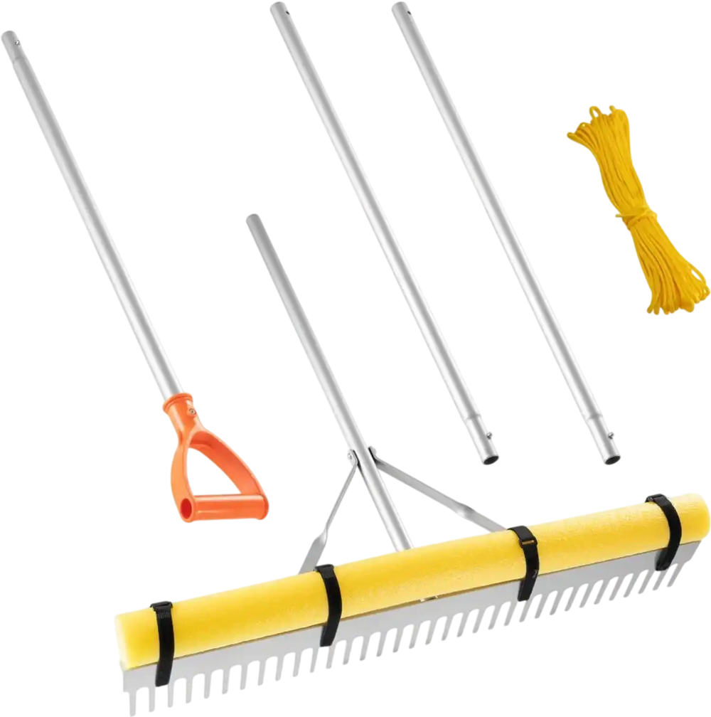 VEVOR Landscape Rake, 36 inch Wide Head 133 inch Handle, Large Heavy Duty Aluminum Landscaping Leaf Rake Tool, Asphalt Level for Loosening Soil, Garden & Yard, Pond Gravel & Beach Lawn Care, 52ft Rope