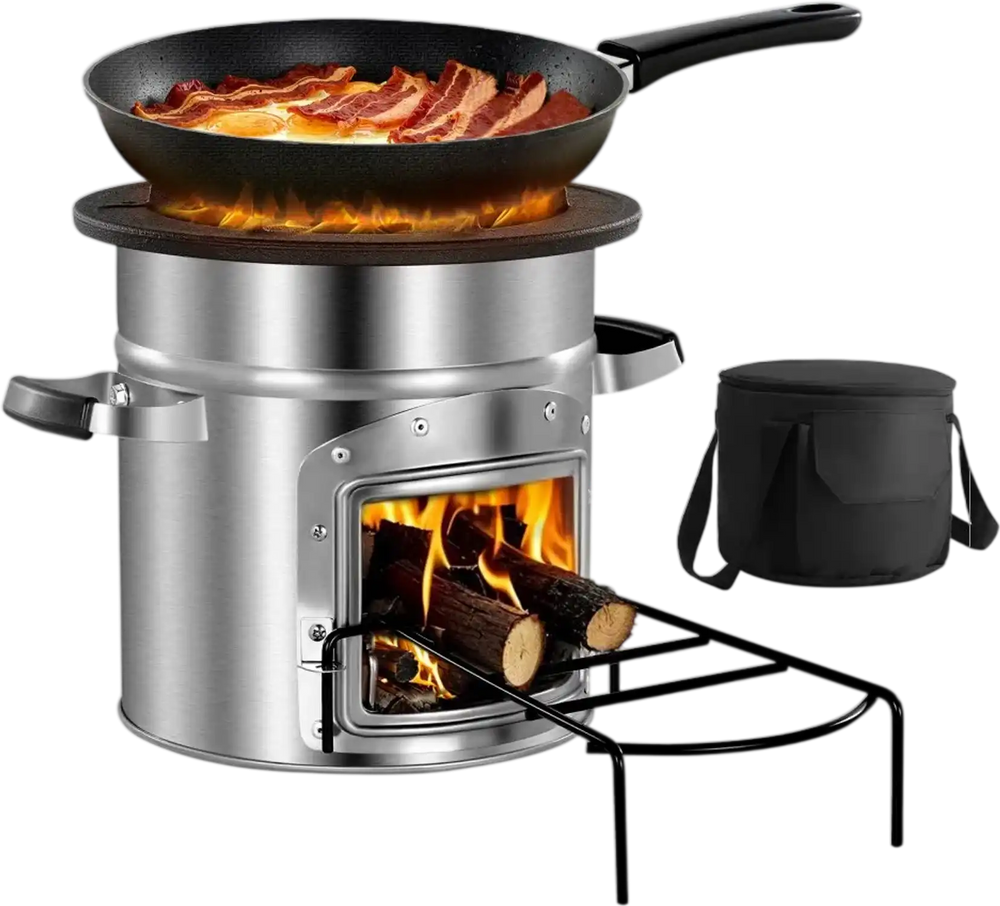 VEVOR Camping Rocket Stove, Wood Burning Portable Rocket Stove with Carrying Bag for Backpacking, Stainless Steel, Single Door, Burn Wood, Twigs or Sticks for Outdoor Cooking, Backyard, Camp Cooking