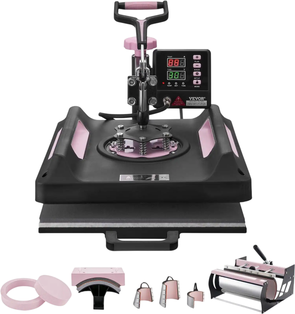 VEVOR Heat Press Machine 15 x 15 Inch 8 in 1 Heat Transfer Machine Black, for T-Shirts/Mugs/Hats/Plates, with 30 oz Tumbler Press, 360° Swing Away T-Shirt Pressing, Digital Control, PTFE Coating