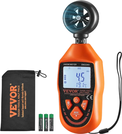 VEVOR Portable Anemometer, Temperature Range 14℉-113℉, Equipped with LED Backlit Display, Captures Wind Speed, Temperature, Air Volume, and Chill Factor, Ideal for Boating, Kite Surfing, Drone Pilo