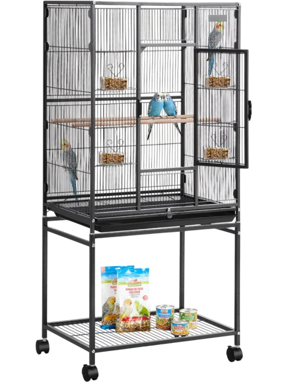 VEVOR Bird Cage, 24.6 x 16.7 x 53.9 inch, Flat Top, Wrought Iron Bird Flight Cage with Perches, Slide-Out Tray and Plastic Feeders, Casters, for Parrot, Blue Tit, Cockatiel, Canary, Budgerigar, Conure