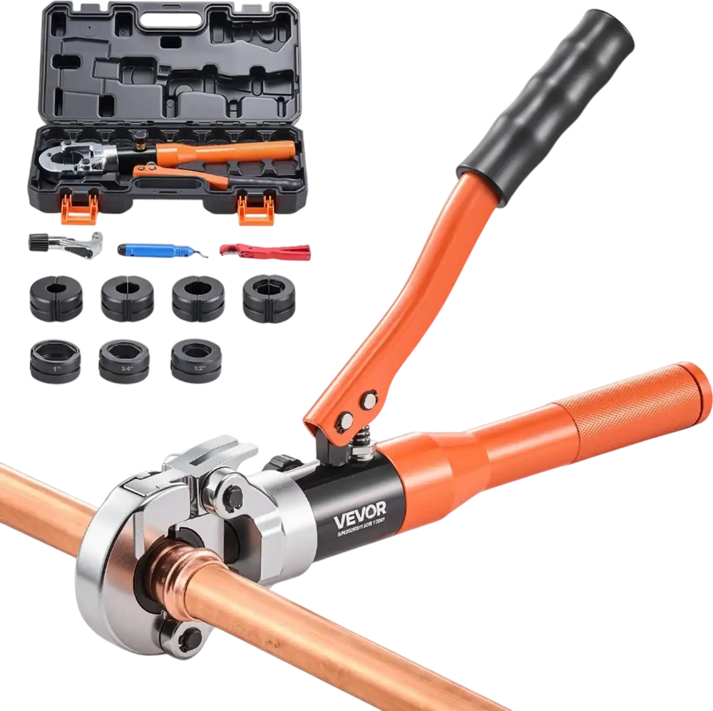 VEVOR Copper Pipe Crimping Tool, Hydraulic Driven Press Tool with 1/2" 3/4" 1" Jaws for VUS Type Copper Tube & 3/8", 1/2", 5/8", 3/4", 1" Jaws for ASTM F1807 PEX Pipe Copper Ring - with Carrying Case