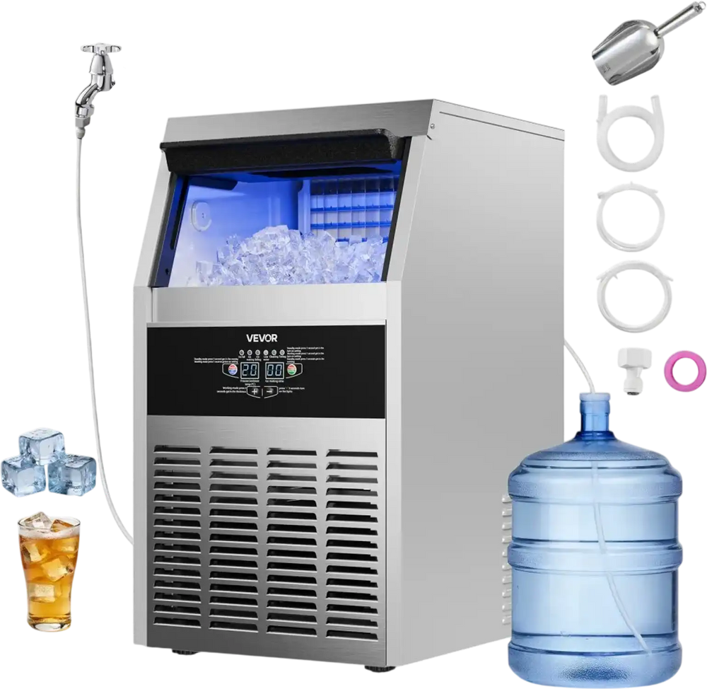 VEVOR Commercial Ice Maker Machine, 150 lbs/24h with 30 lbs Storage Capacity, Built-in/Freestanding/Under Counter, Stainless Steel Ice Maker with LED Display & Self-Cleaning, for Home Bar Restaurant