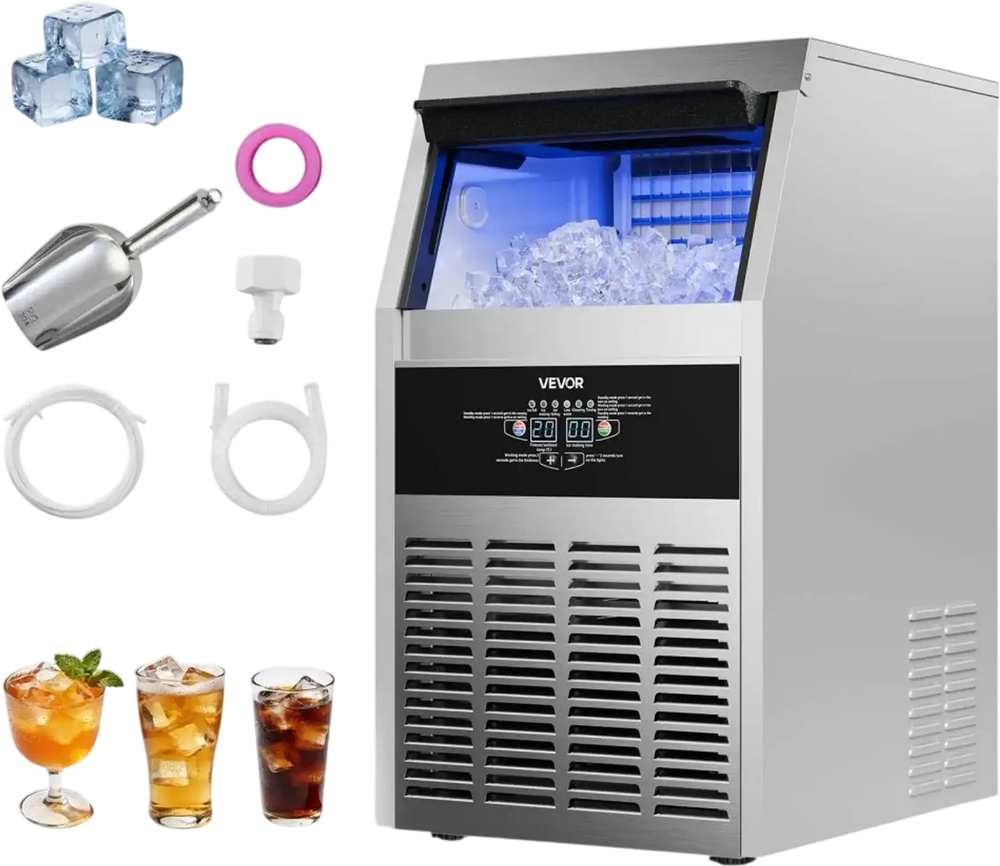 VEVOR Commercial Ice Maker Machine, 160 lbs/24h with 30 lbs Storage Capacity, Built-in/Freestanding/Under Counter, Stainless Steel Ice Maker with LED Display & Self-Cleaning, for Home Bar Restaurant