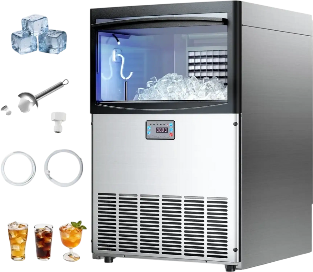 VEVOR Commercial Ice Maker Machine, 200 lbs/24h with 50 lbs Storage Capacity, Built-in/Freestanding/Under Counter, Stainless Steel Ice Maker with LED Display & Self-Cleaning, for Home Bar Restaurant