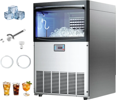 VEVOR Commercial Ice Maker Machine, 200 lbs/24h with 50 lbs Storage Capacity, Built-in/Freestanding/Under Counter, Stainless Steel Ice Maker with LED Display & Self-Cleaning, for Home Bar Restaurant