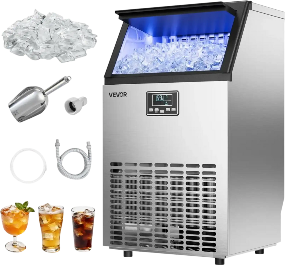 VEVOR Commercial Ice Maker Machine, 100 lbs/24h with 26 lbs Storage Capacity, Built-in/Freestanding/Under Counter, Stainless Steel Ice Maker with LED Display & Self-Cleaning, for Home Bar Restaurant